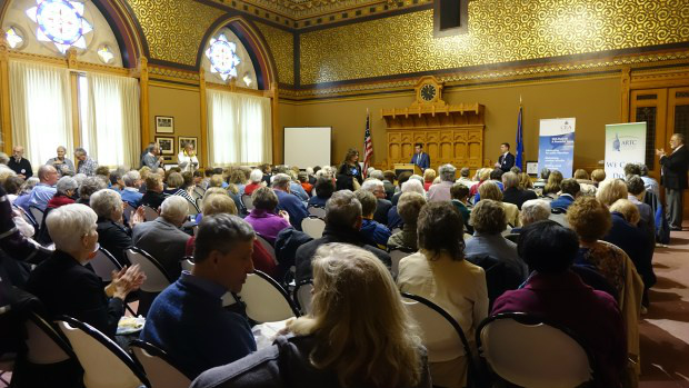 Rep. Matthew Lesser addresses over 200 retired educators at Retired Teachers’ Lobby Day.